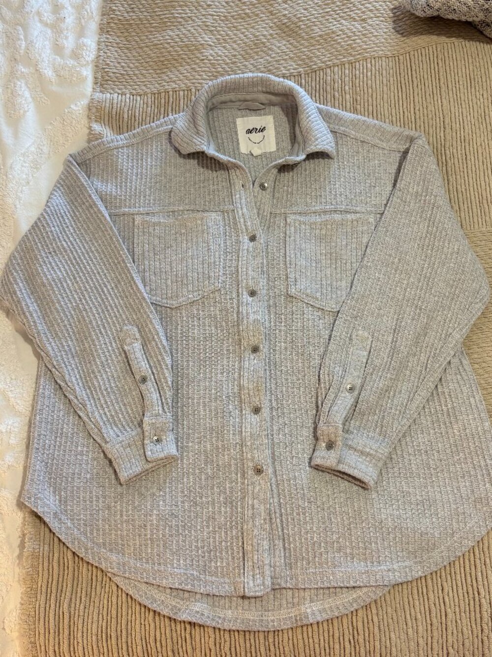 Aerie Waffle Lumberjane Oversized Button Down Shirt/Shacket, Light Grey, XXS